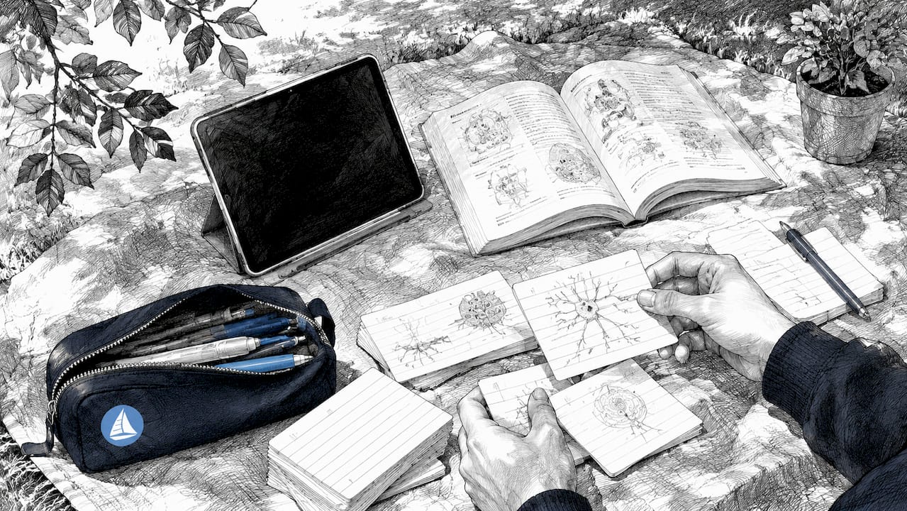 Teenage student's hands arranging biology study materials