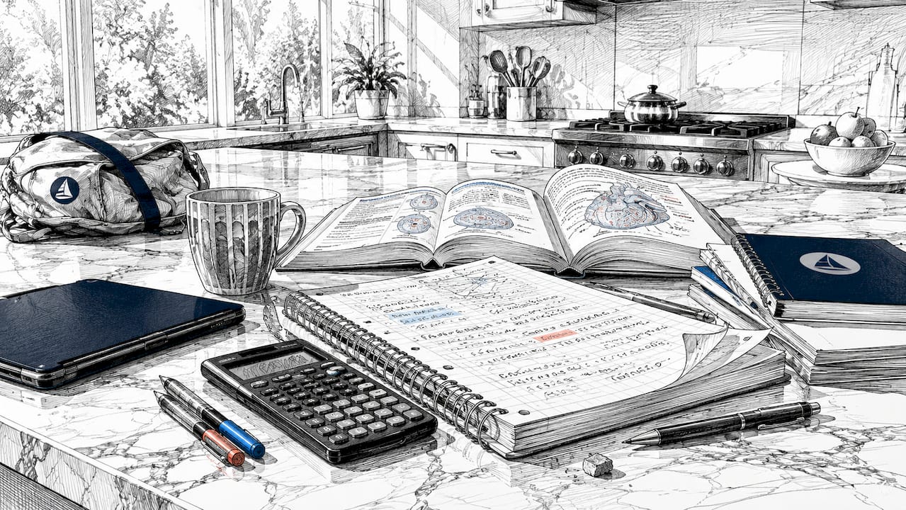 Study desk with IB science exam materials