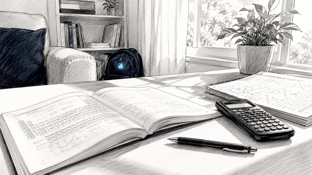 IB Chemistry study materials on desk with calculator and booklet