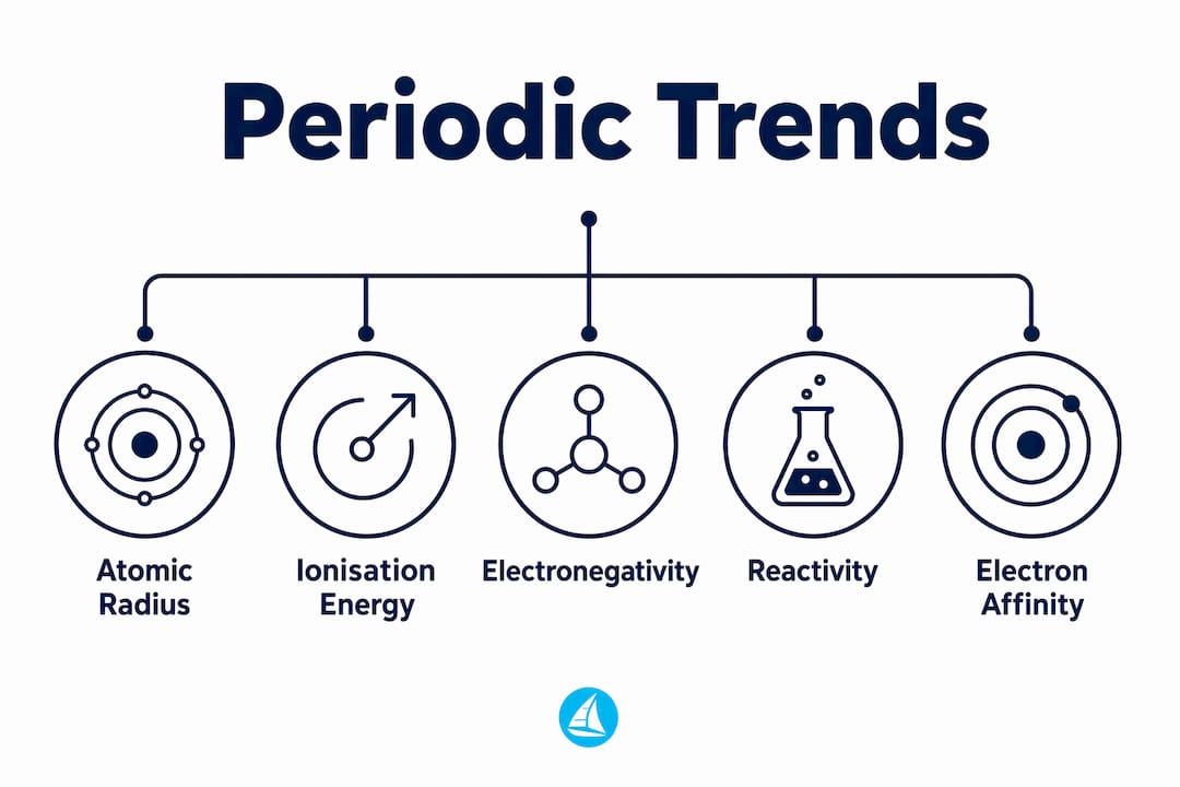 Infographic showing hierarchical key periodic trends in IB Chemistry