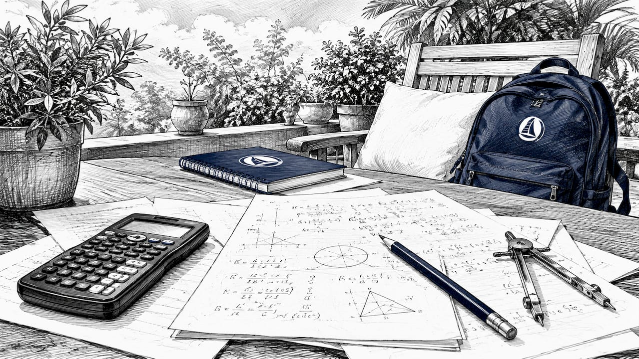Black and white sketch of math exam study desk