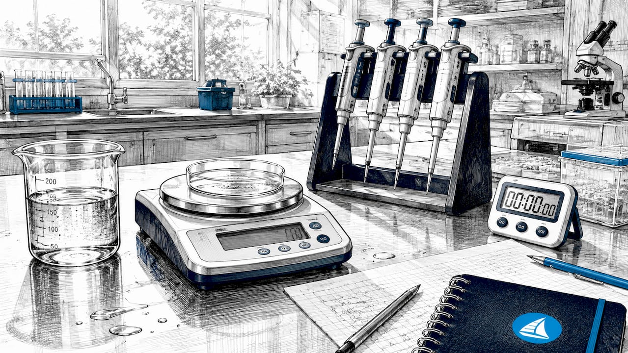 Black and white detailed lab equipment scene