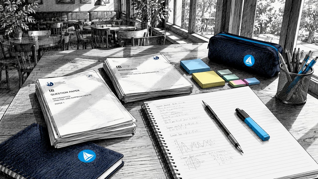 Black and white drawing of studious desk setup