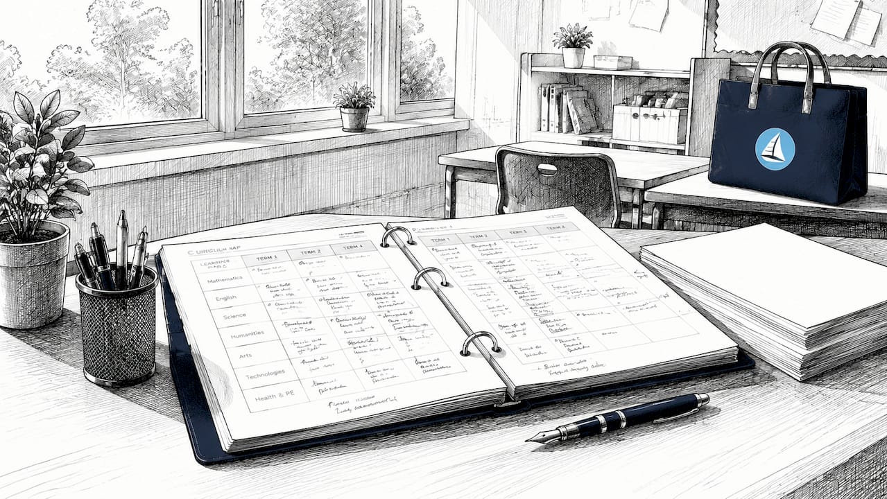 Pen-and-ink drawing of curriculum mapping desk