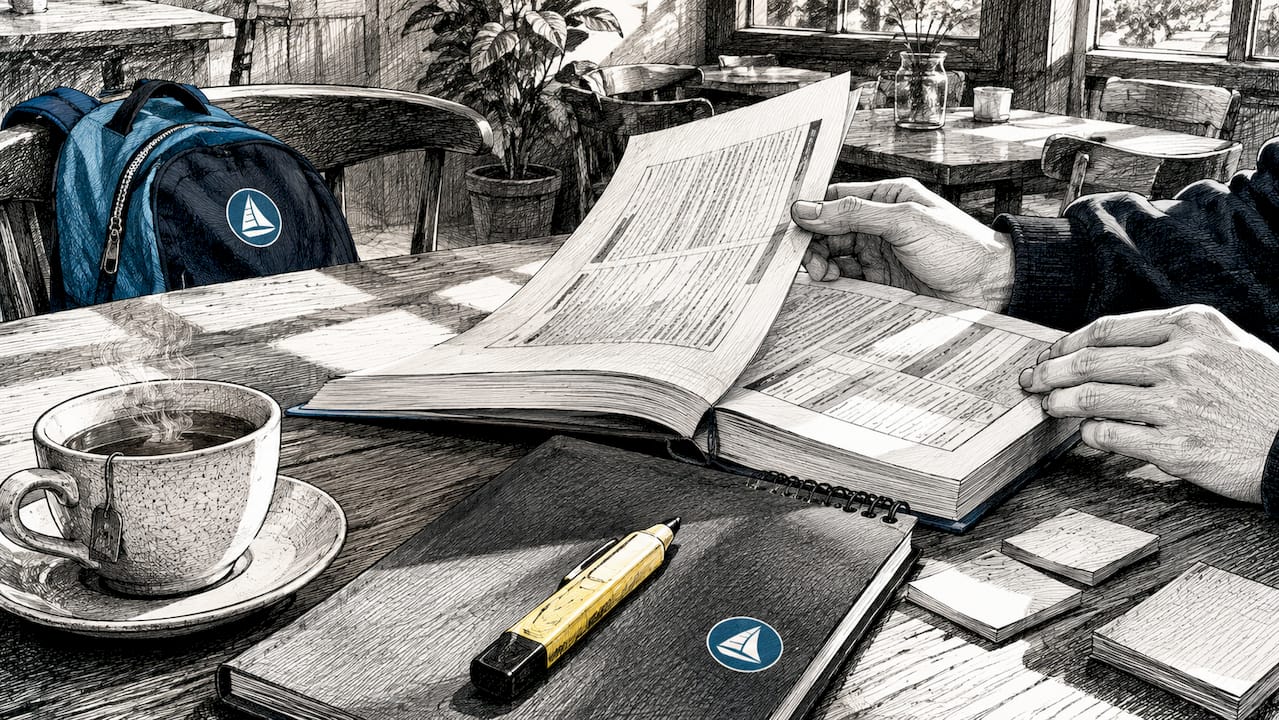 Student's hands reviewing IB documents on table