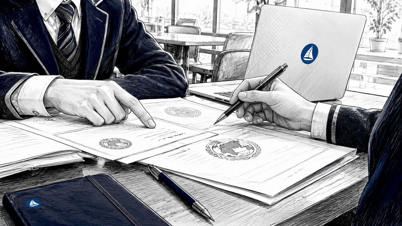 Black and white illustration of students exchanging documents