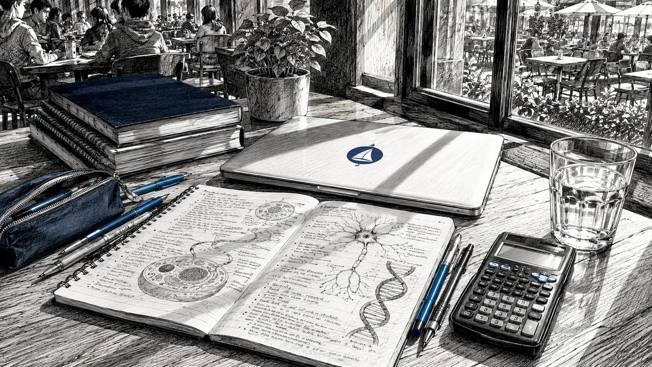 Black and white study desk with biology notes and laptop