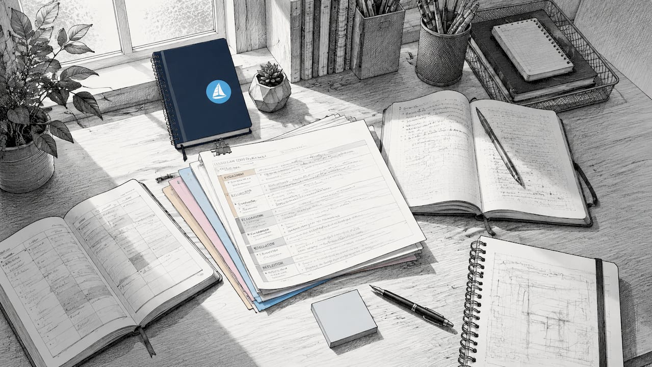 Fine-point-pen illustration of educator workshop materials on desk