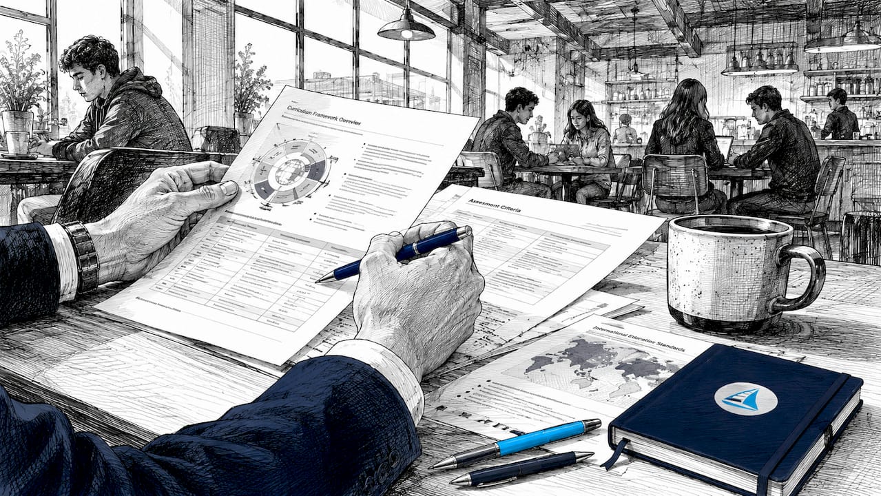 Black and white illustration of hands reviewing papers