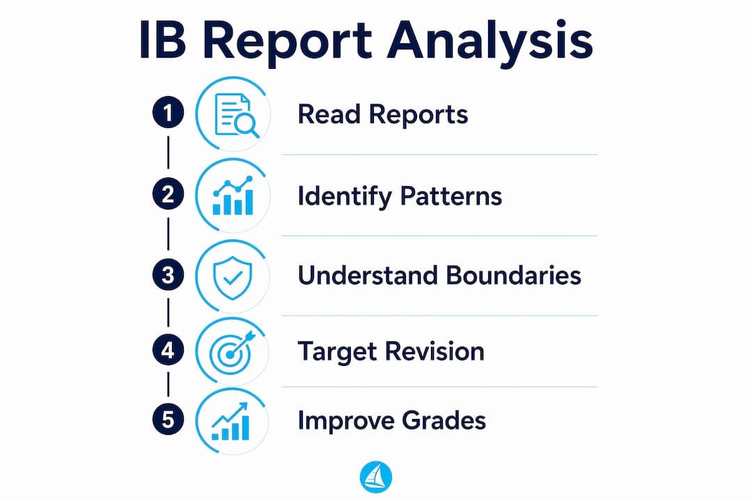 Infographic outlining five steps of IB report analysis