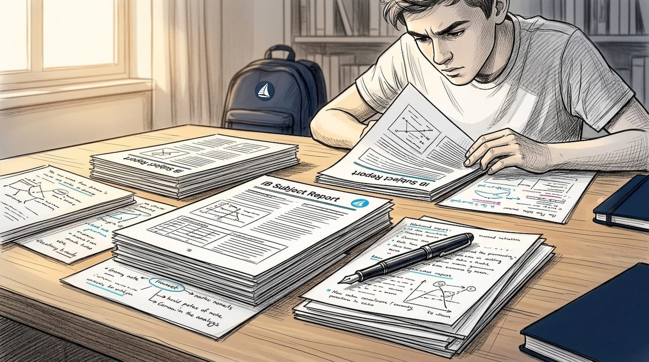 Black and white illustration of study desk with IB reports
