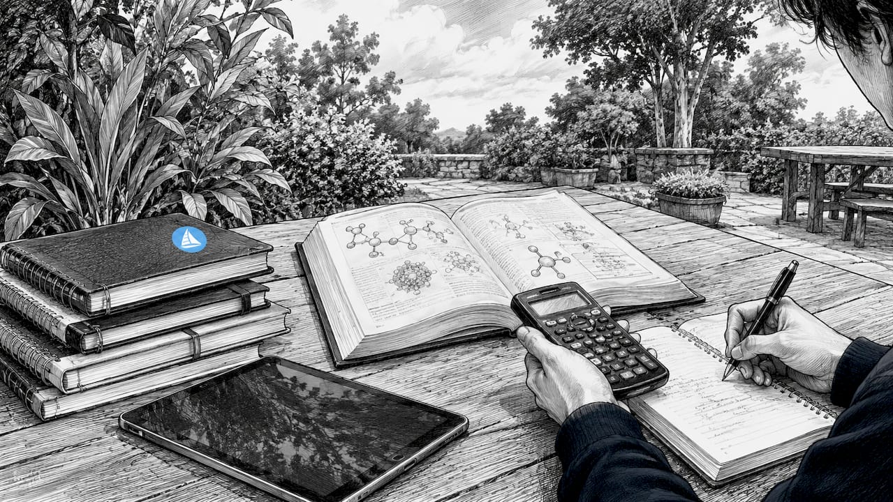 Student hands with IB study materials