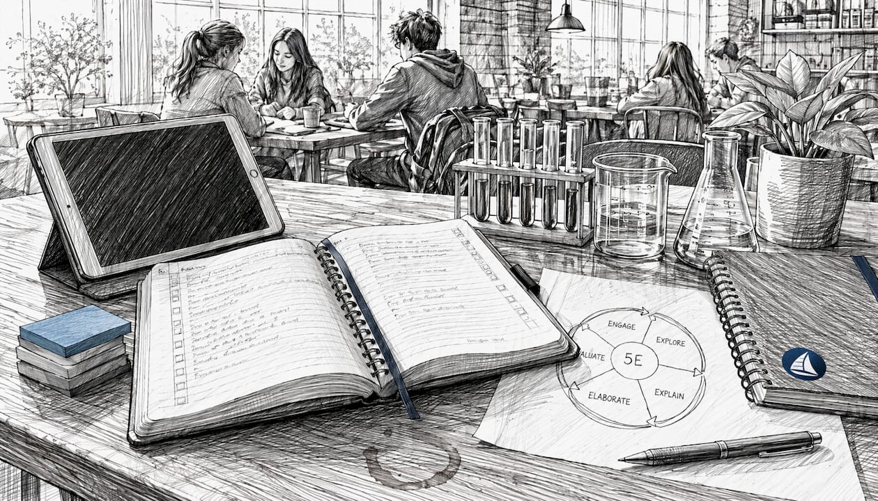 Close-up of desk with lesson planning materials in ink sketch style