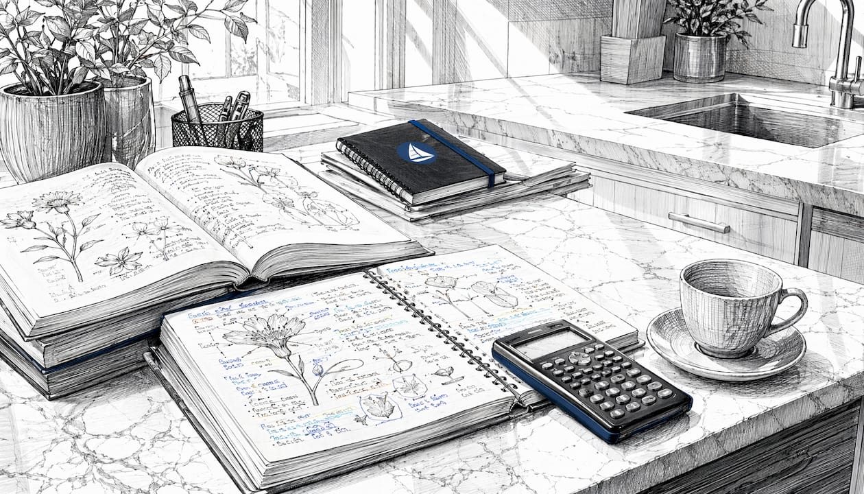Black and white study desk with biology books and notes