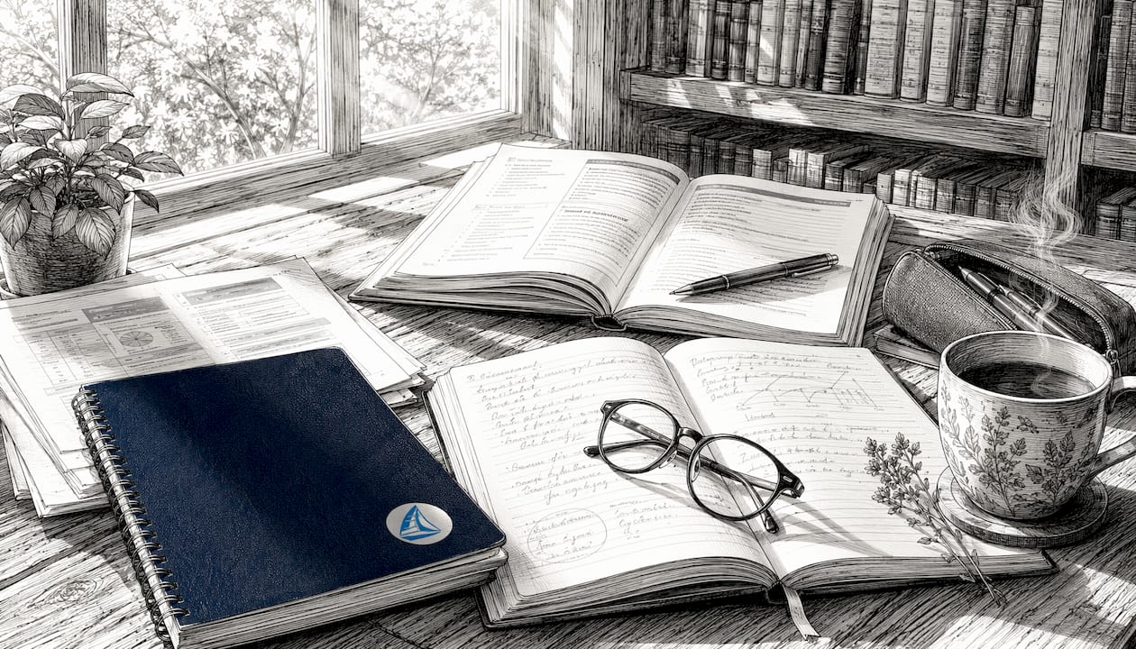 Black and white illustration of IB workshop materials on table