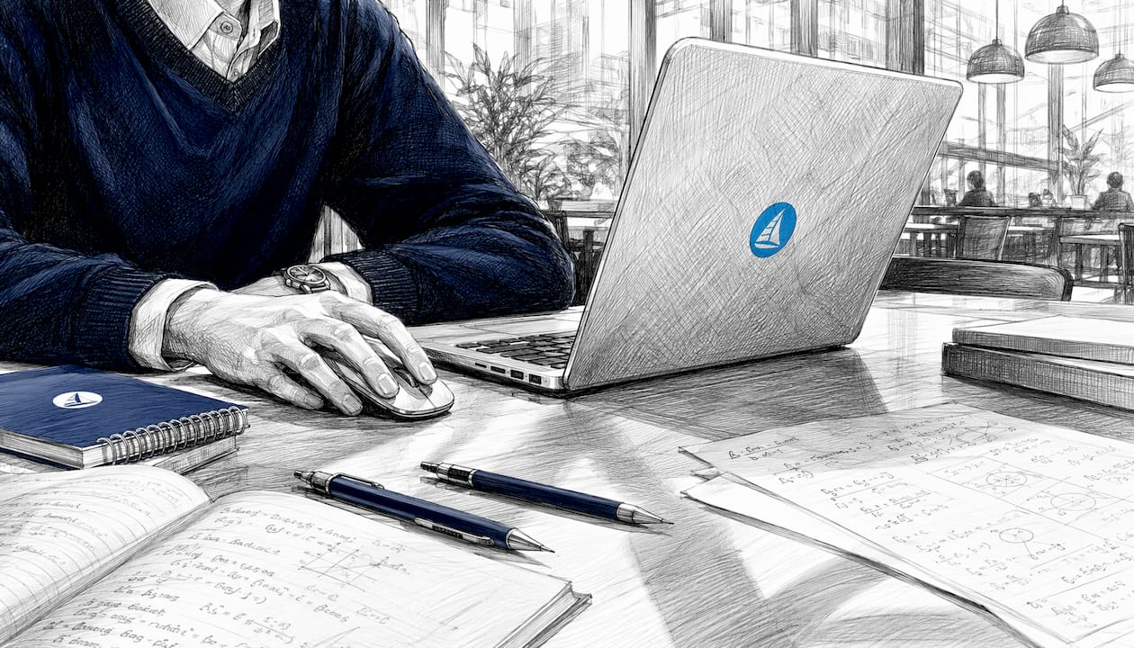 Over-shoulder hands navigating digital exam setup