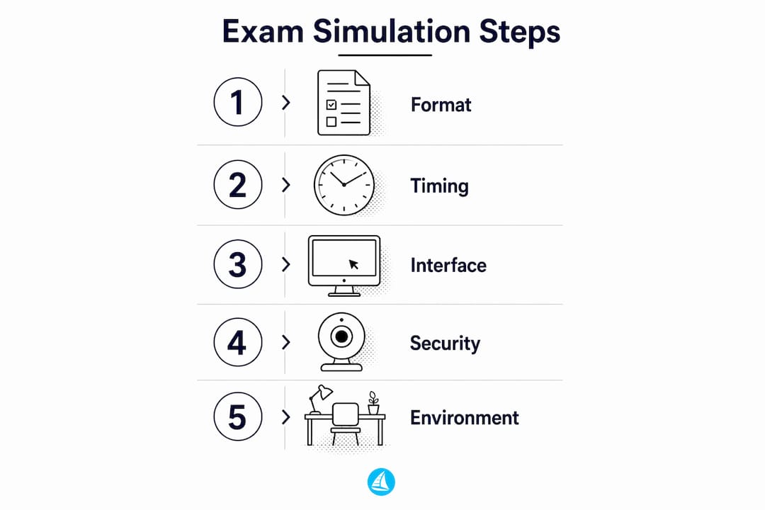 Vertical flow infographic of exam simulation steps