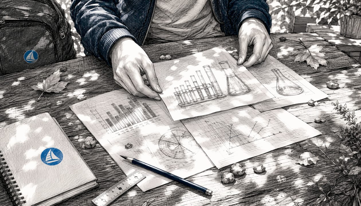 Black and white science lab drawings and tools