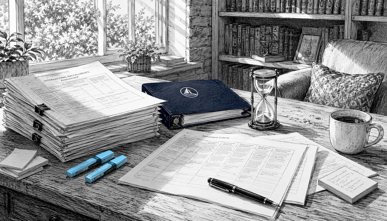 Black and white desk with IB assessment papers