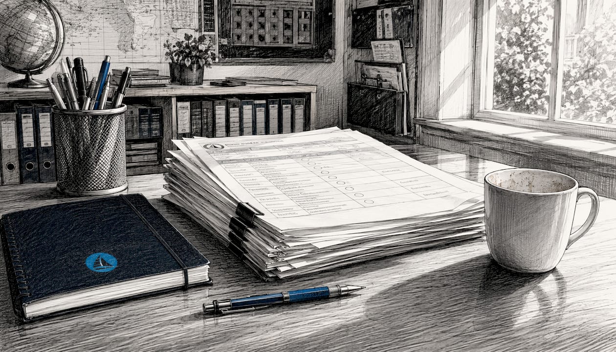 Black and white close-up of evaluation documents on desk