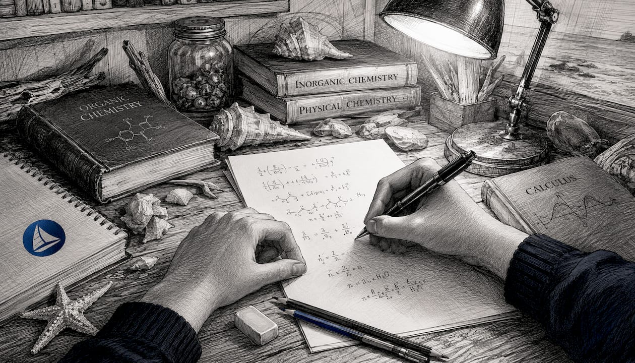 Hands writing chemistry calculations on desk