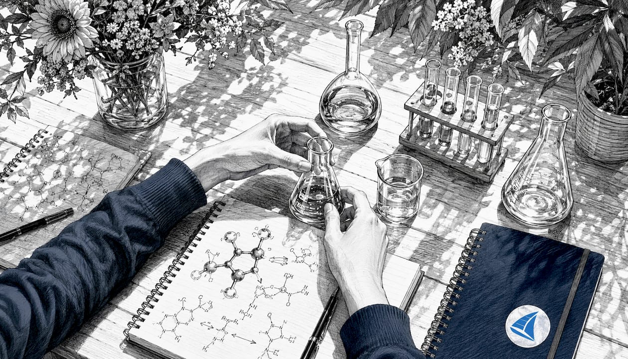 Student hands manipulating chemistry lab glassware