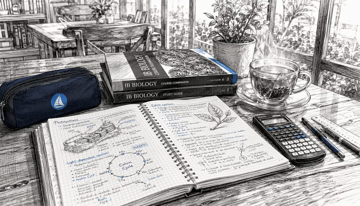 Black and white illustration of study desk with biology materials