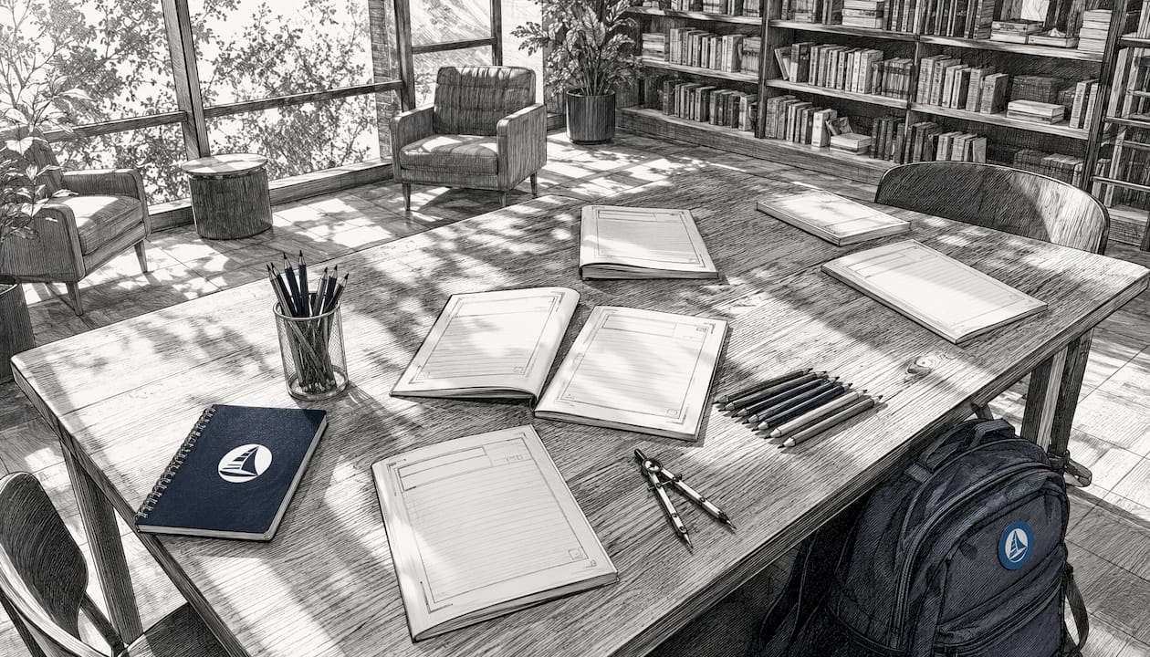 Black and white illustration of IB Physics exam materials on desk
