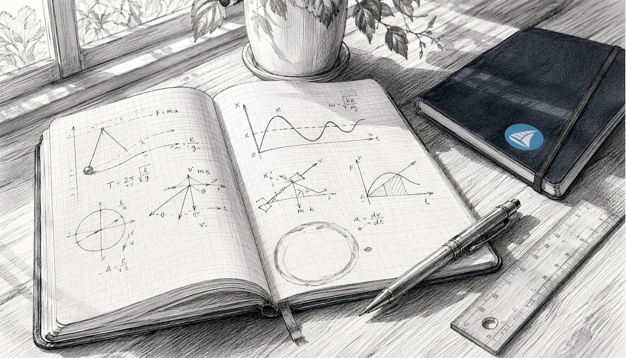 Physics notebook with hand-drawn graphs and tools in black and white illustration