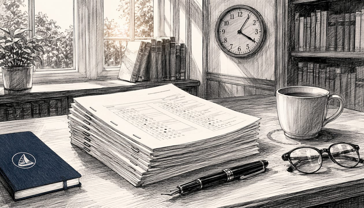 Black and white illustration of teacher's desk with mock exam papers and pen