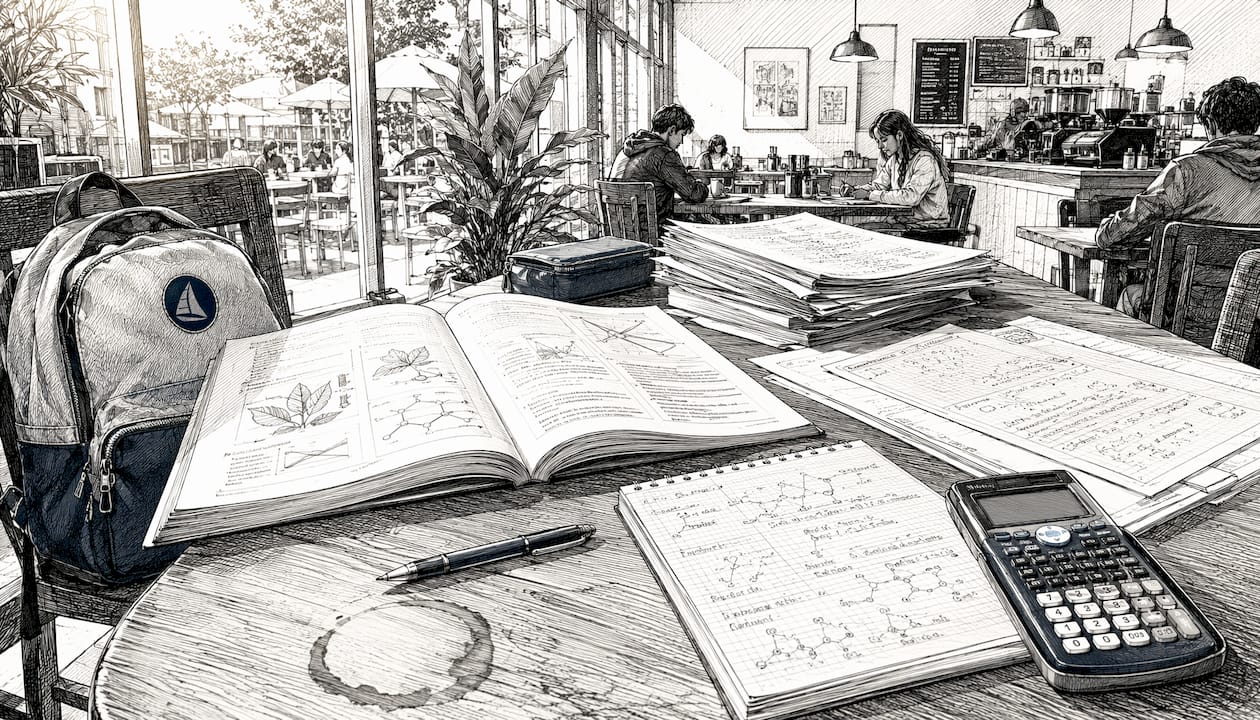 Study desk with IB science exam materials in black and white