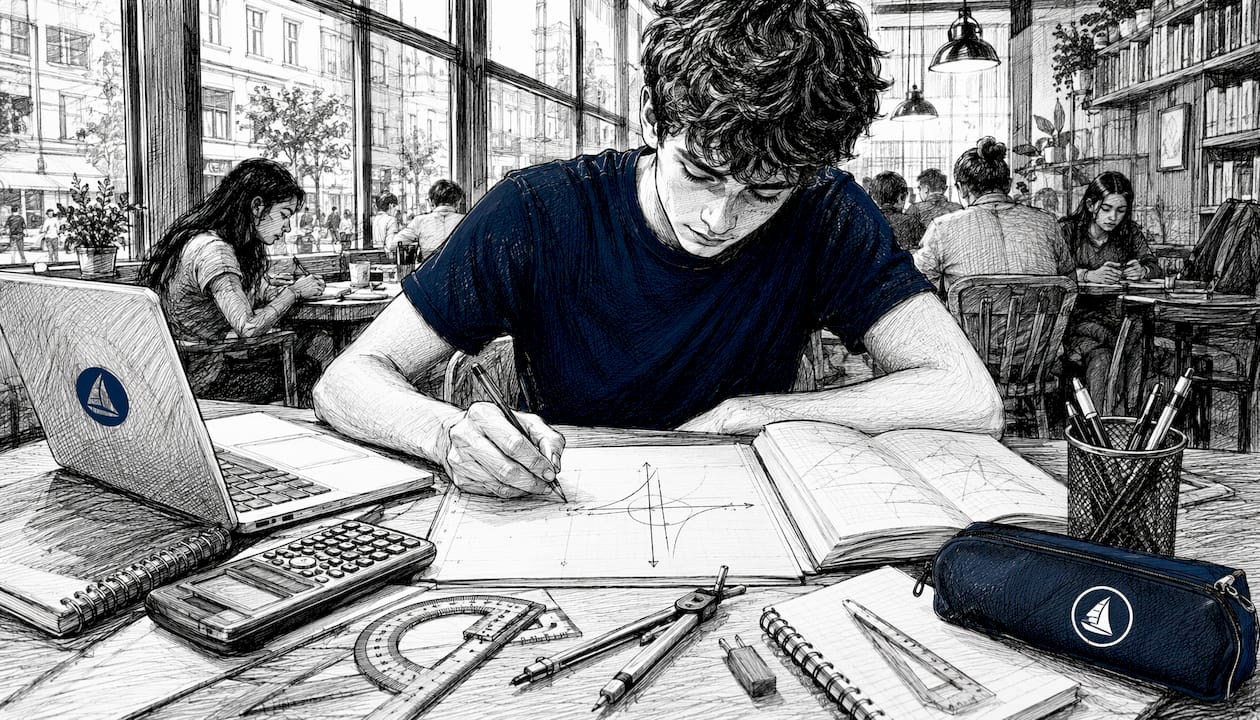Student sketching math graph at desk