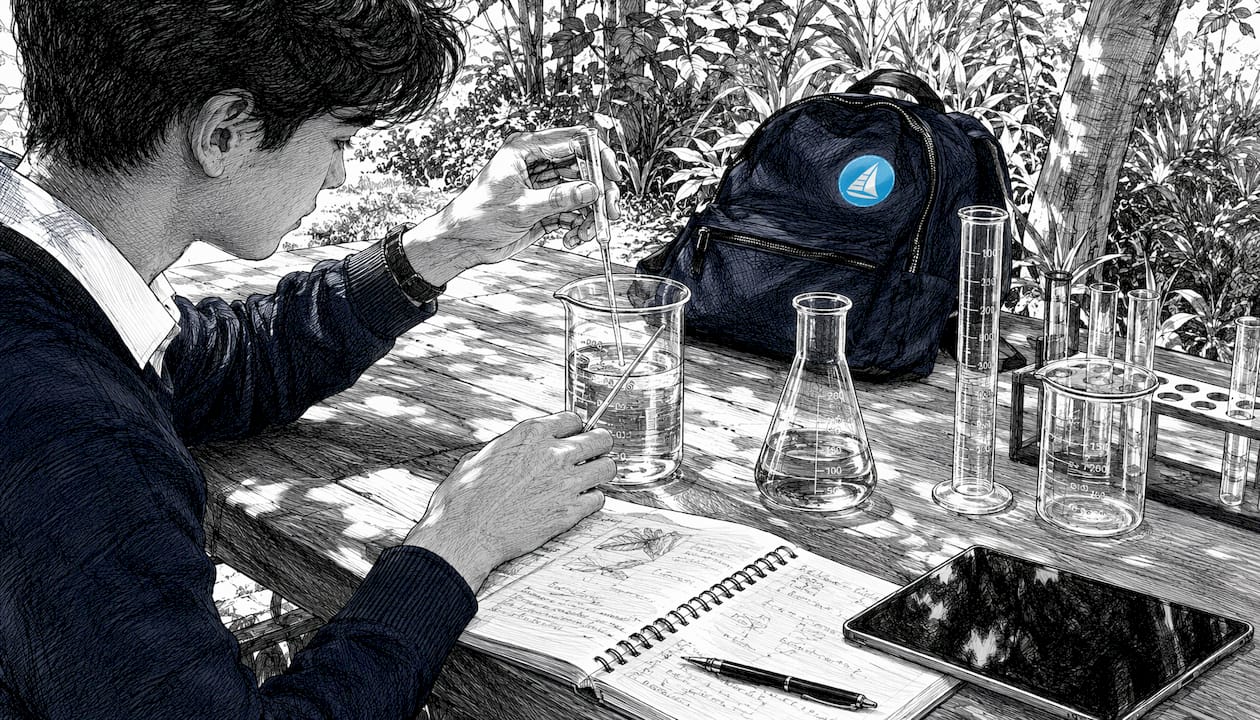 Student at lab bench with science tools