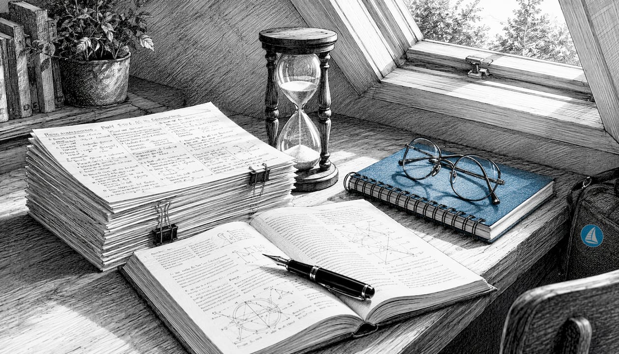 Pen and cram sheets on student study desk