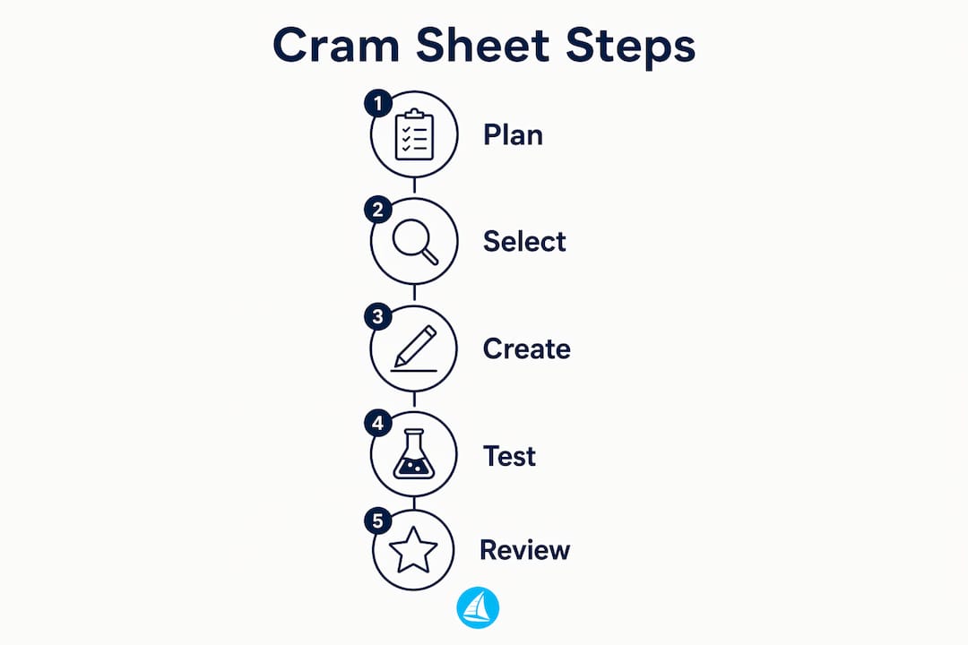Infographic showing vertical flow of cram sheet revision steps