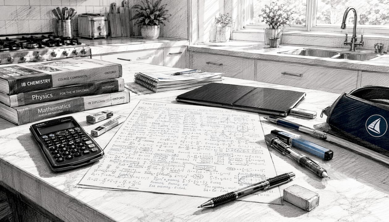 Study desk with IB cram sheet and tools