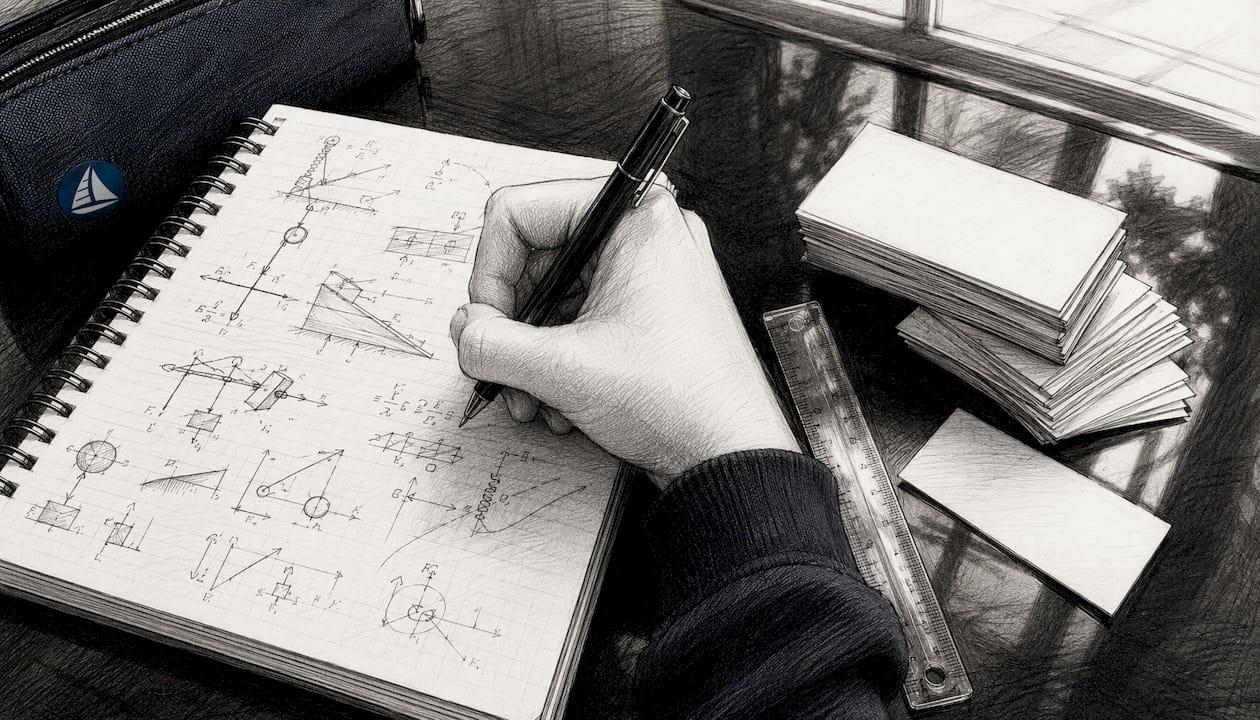 Black and white close-up of student hand with physics notes