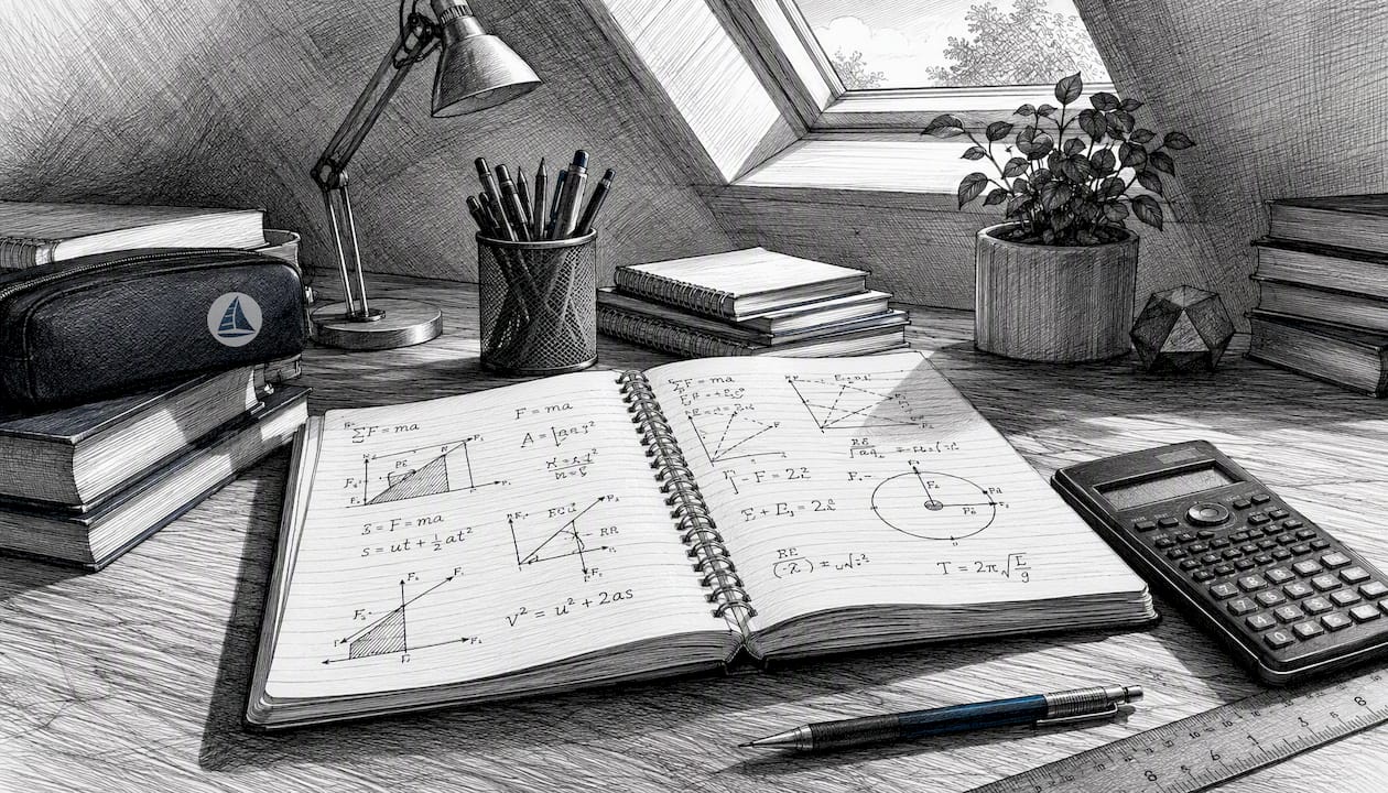 Black and white study desk with physics tools