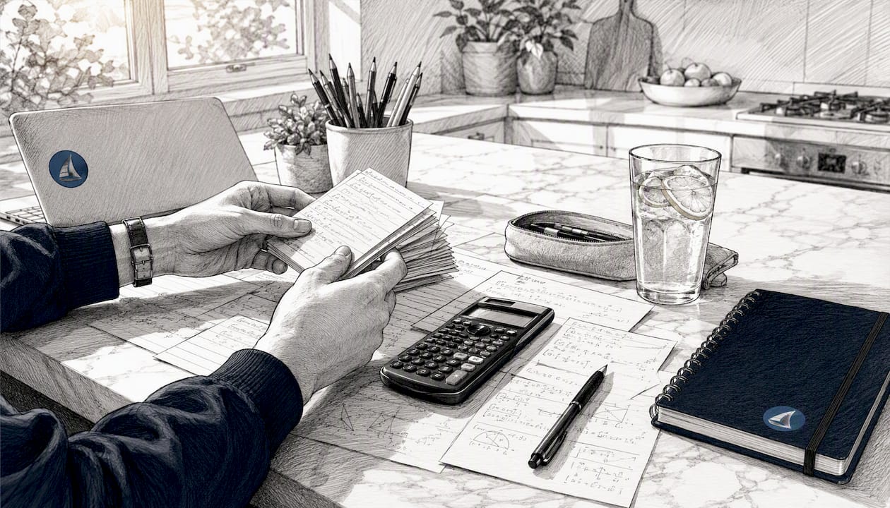 Hands sorting IB Maths study flashcards on desk