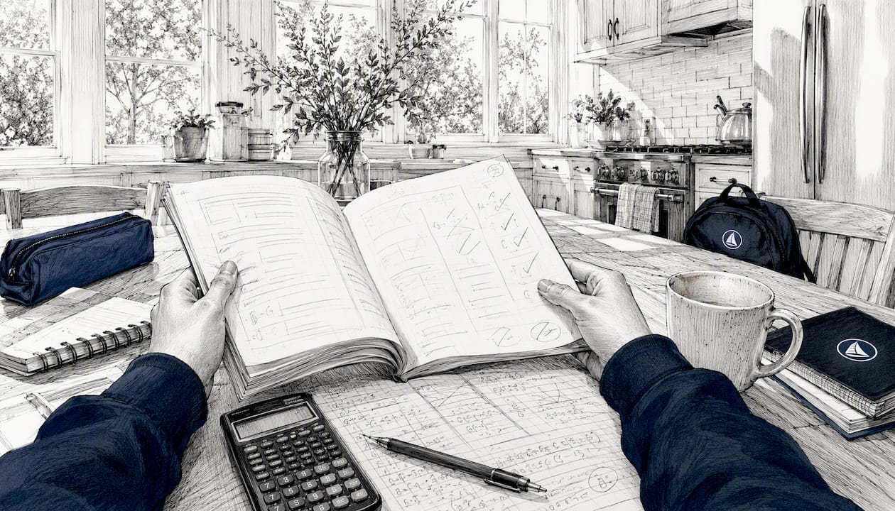 Student hands holding exam booklet at desk