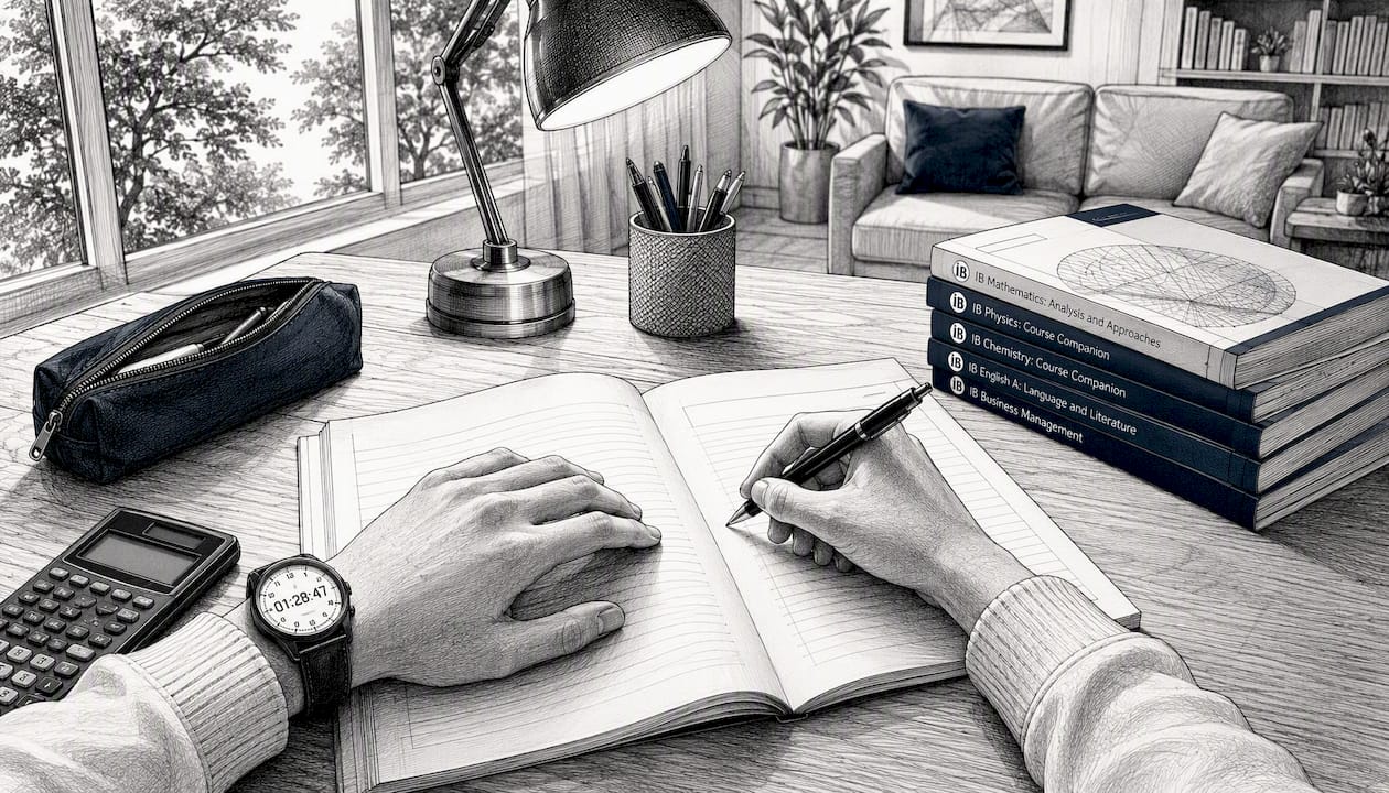 Student writing mock exam answers at desk