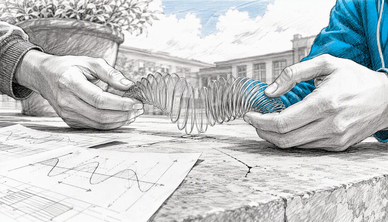 Hands manipulating slinky with stopwatch in physics lab