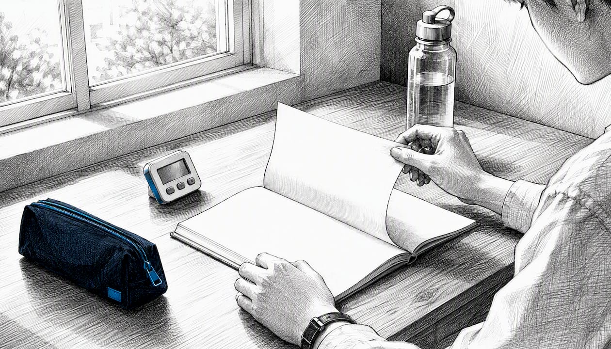 Student hands setting exam paper and stopwatch