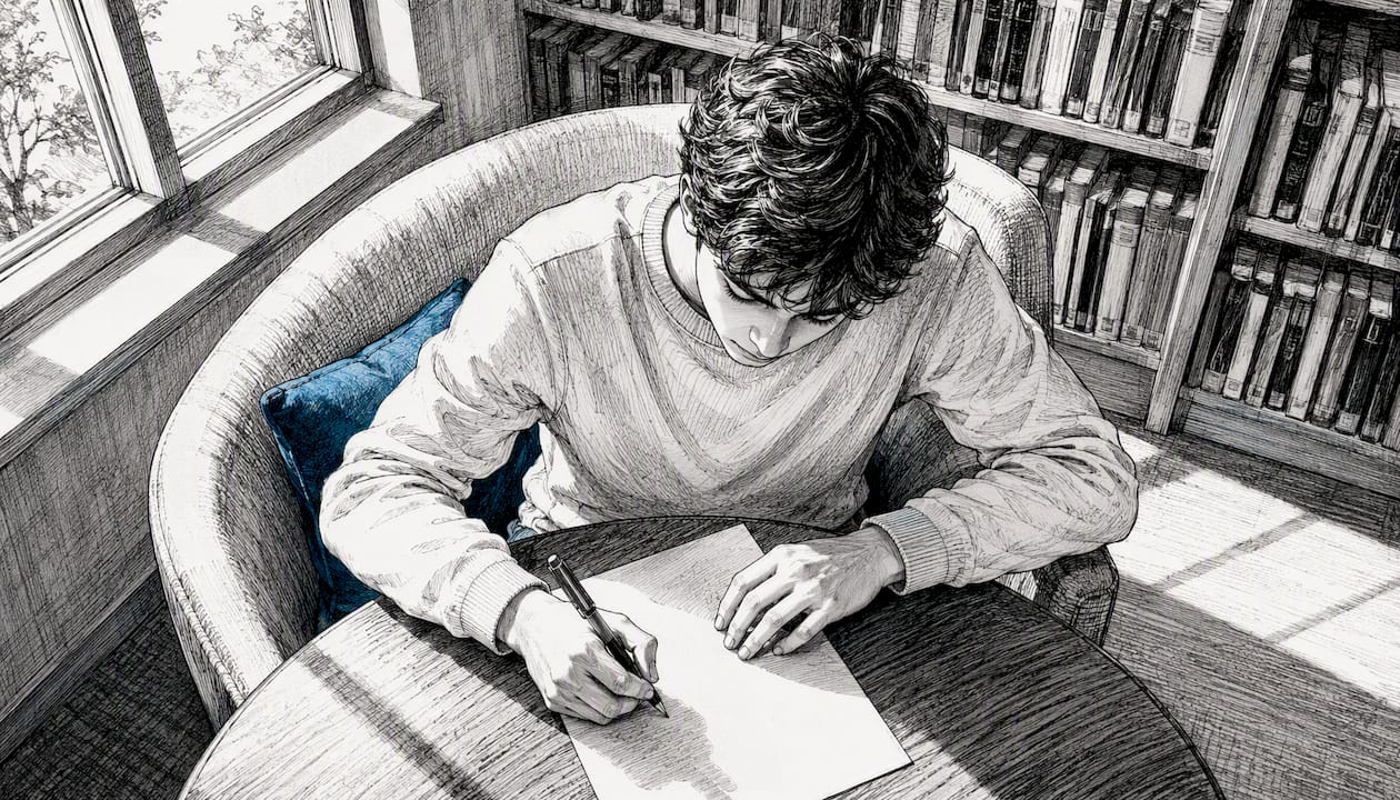 Student writing diagnostic test at study table