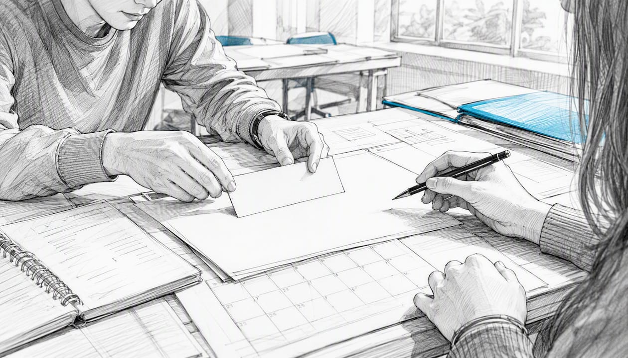 Hands planning digital platform pilot on table