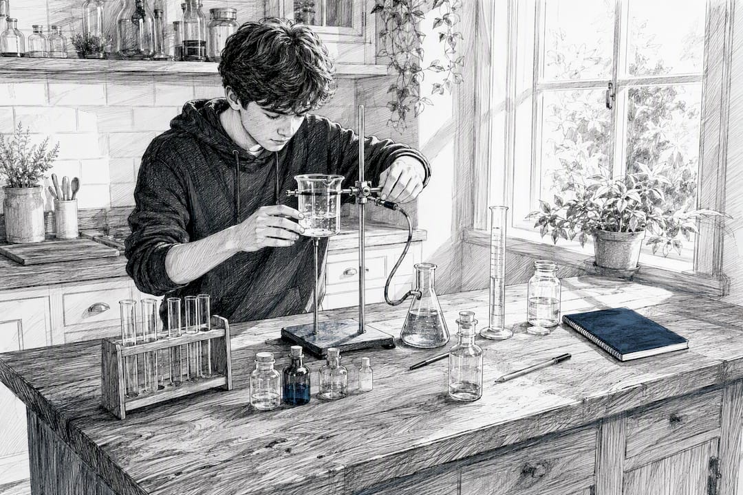 Student setting up science experiment apparatus