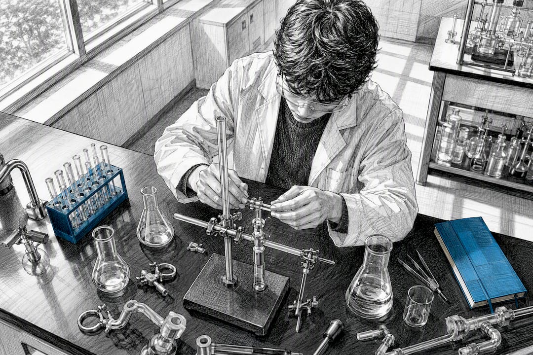 Student hands assembling lab apparatus