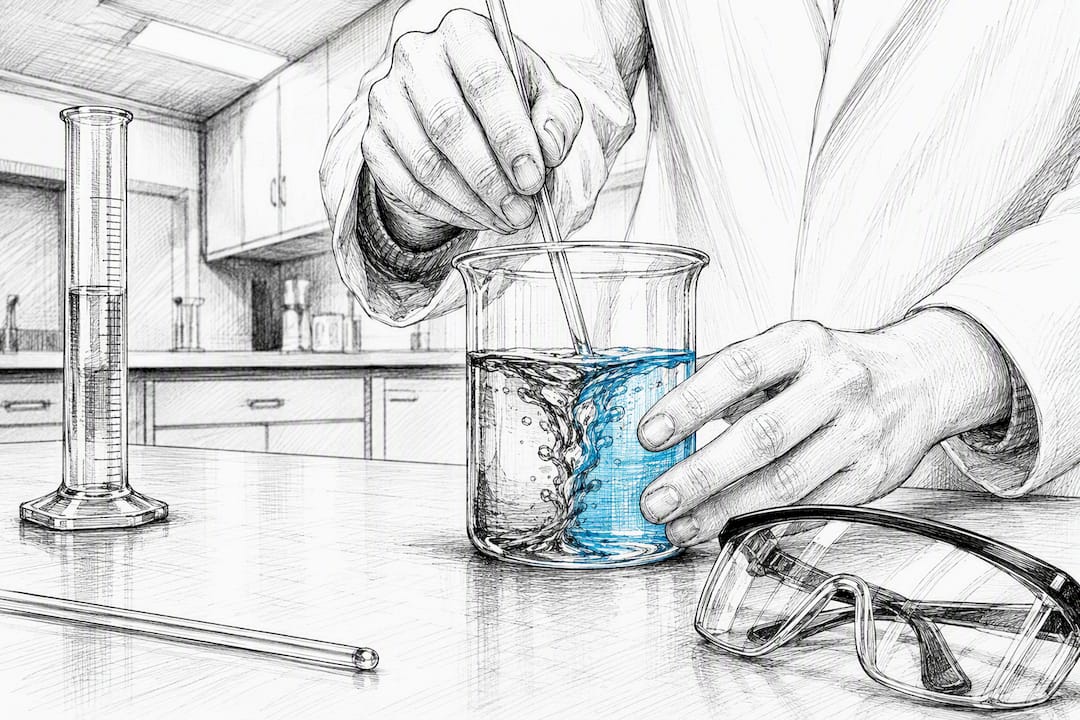 Hands pouring liquid in chemistry lab practical