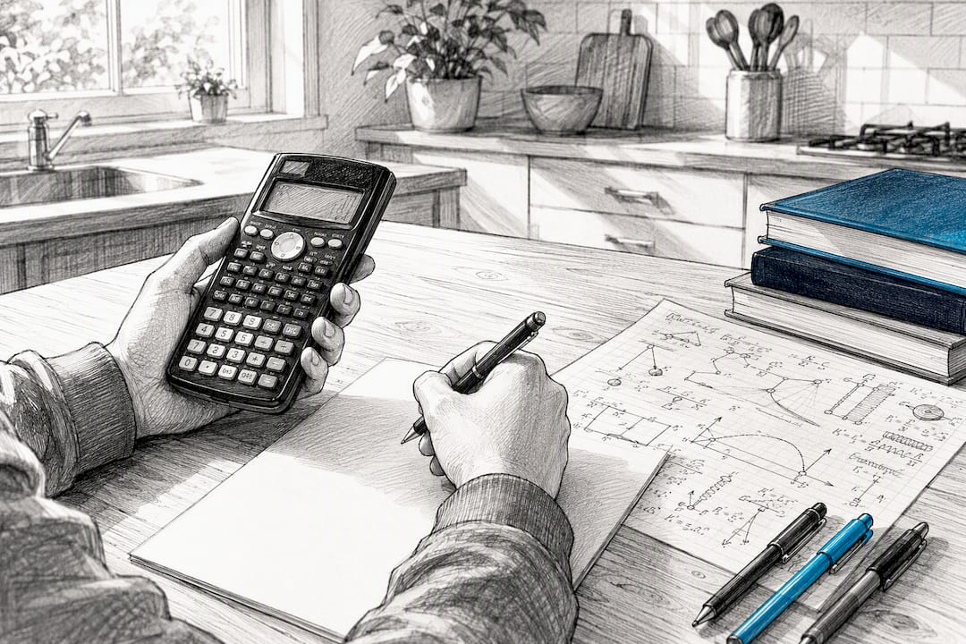 Student hands performing physics unit conversion calculation