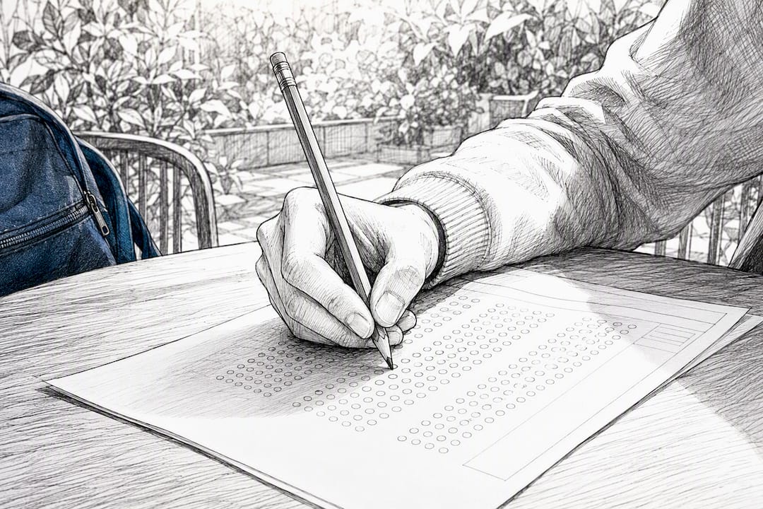 Student hand marking chemistry multiple-choice test